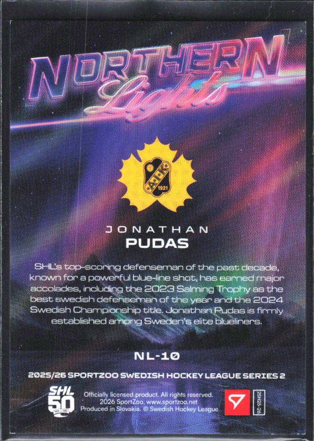 2025-26 SportZoo SHL S2 #NL-10 Jonathan Pudas Northern Lights Neon Pink 66/75 – baksida