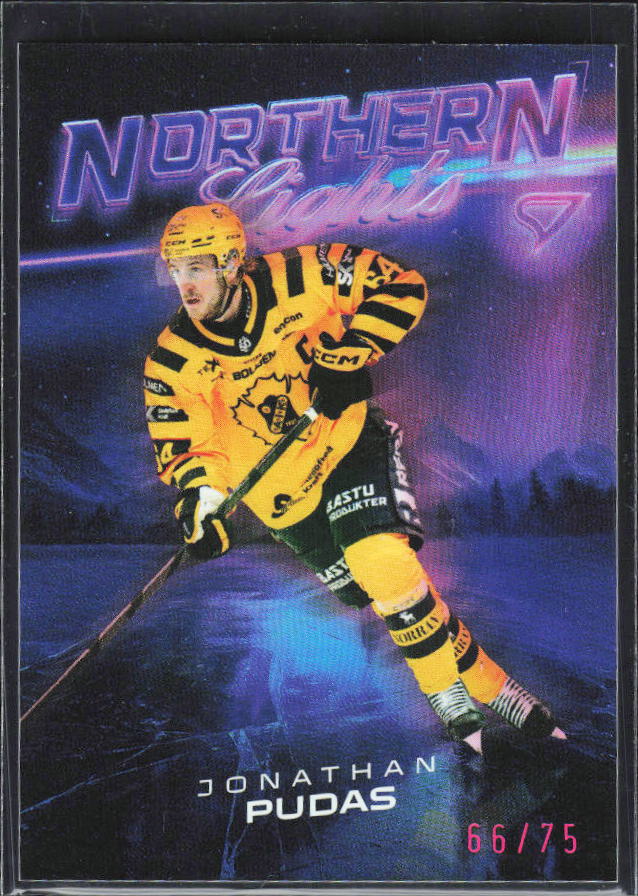 2025-26 SportZoo SHL S2 #NL-10 Jonathan Pudas Northern Lights Neon Pink 66/75 – framsida