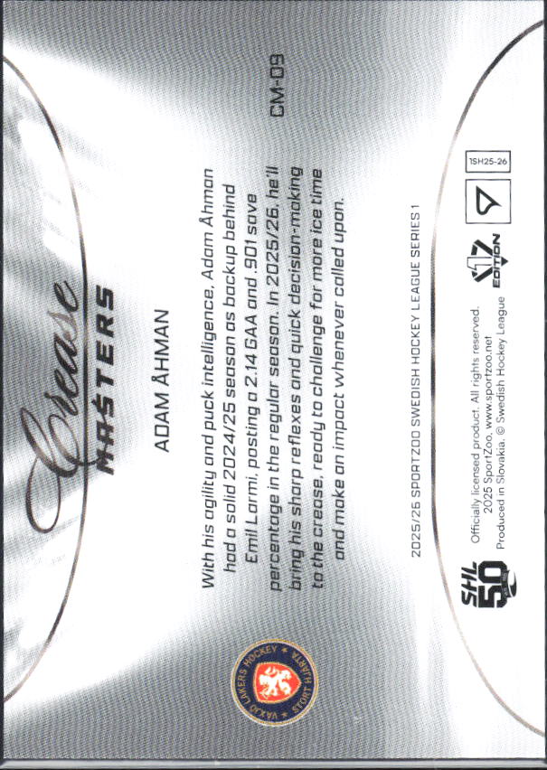 2025-26 SportZoo SHL S1 #CM-09 Adam Åhman Crease Masters Lemon Gold 11/65 – baksida