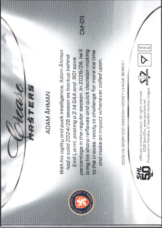 2025-26 SportZoo SHL S1 #CM-09 Adam Åhman Crease Masters Lemon Gold 11/65 – baksida