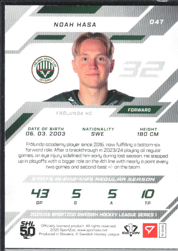 2025-26 SportZoo SHL S1 #047 Noah Hasa Shamrock Green 06/30 – baksida