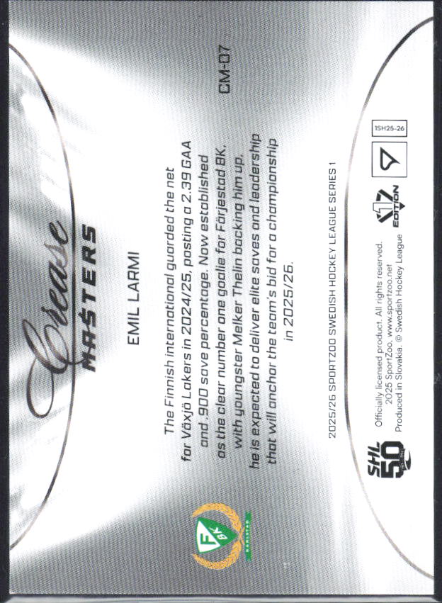 2025-26 SportZoo SHL S1 #CM-07 Emil Larmi Crease Masters Lemon Gold 60/65 – baksida
