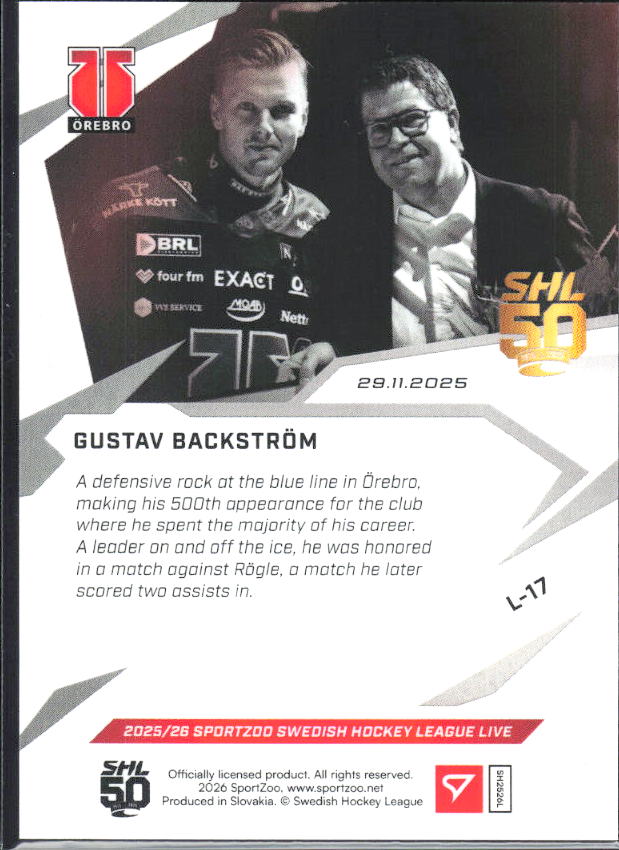 2025-26 SportZoo SHL LIVE #L-17 Gustav Backström 27/55 – baksida