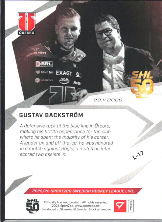 2025-26 SportZoo SHL LIVE #L-17 Gustav Backström 27/55 – baksida