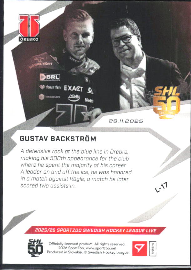 2025-26 SportZoo SHL LIVE #L-17 Gustav Backström 33/55 – baksida