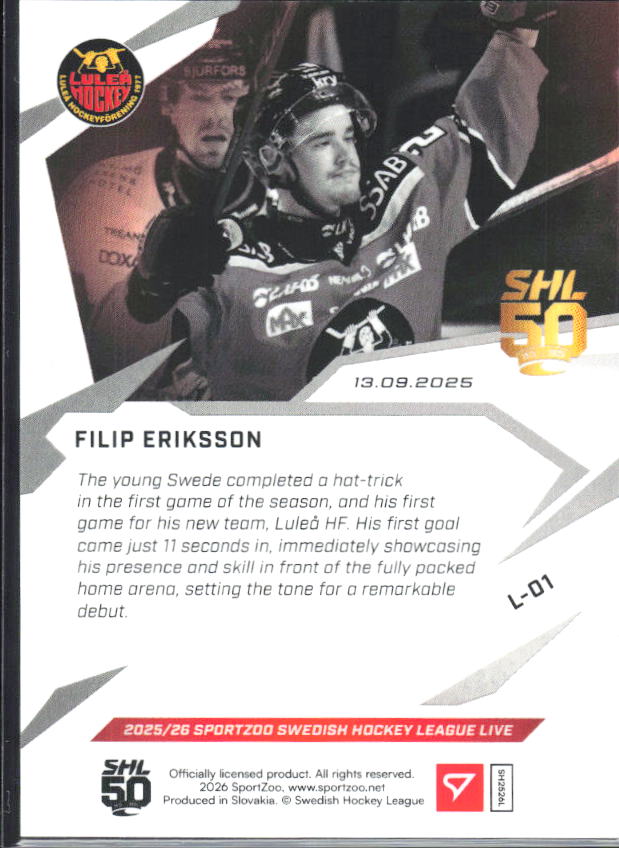 2025-26 SportZoo SHL LIVE #L-01 Filip Eriksson 44/79 – baksida
