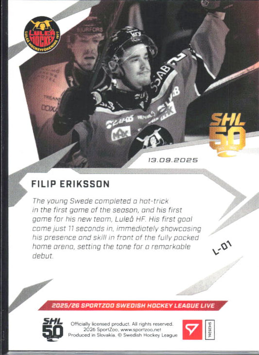 2025-26 SportZoo SHL LIVE #L-01 Filip Eriksson 44/79 – baksida