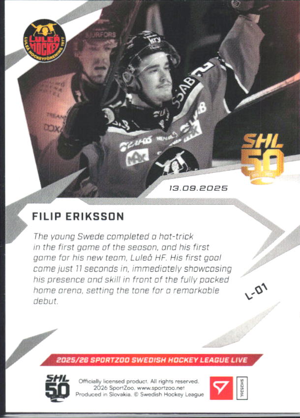 2025-26 SportZoo SHL LIVE #L-01 Filip Eriksson 40/79 – baksida
