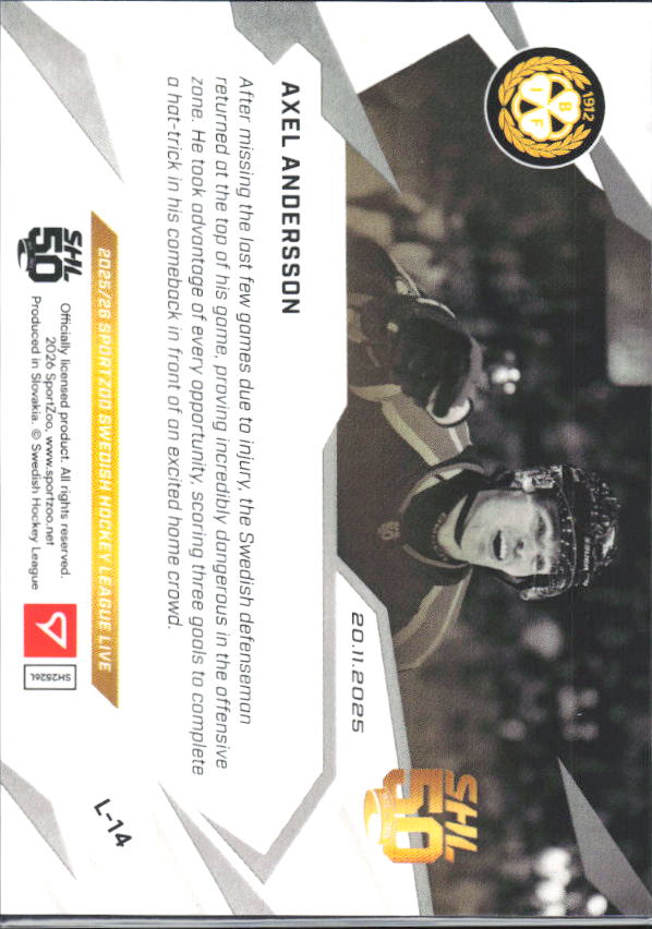 2025-26 SportZoo SHL LIVE #L-14 Axel Andersson 14/91 – baksida