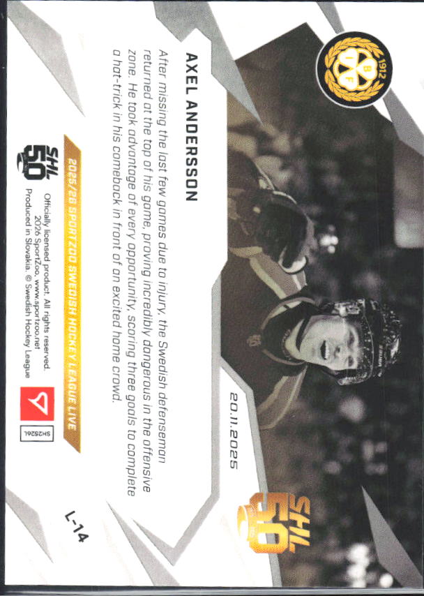 2025-26 SportZoo SHL LIVE #L-14 Axel Andersson 56/91 – baksida