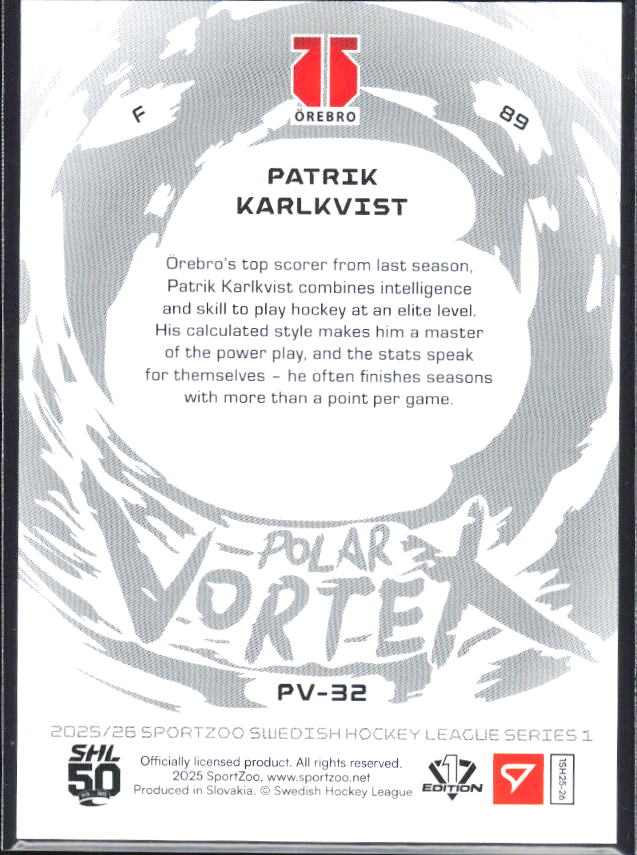 2025-26 SportZoo SHL S1 #PV-32 Patrik Karlkvist Polar Vortex Coral Copper /65 – baksida