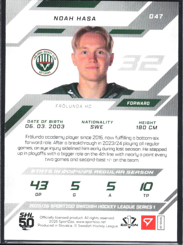 2025-26 SportZoo SHL S1 #047 Noah Hasa Shamrock Green 09/30 – baksida