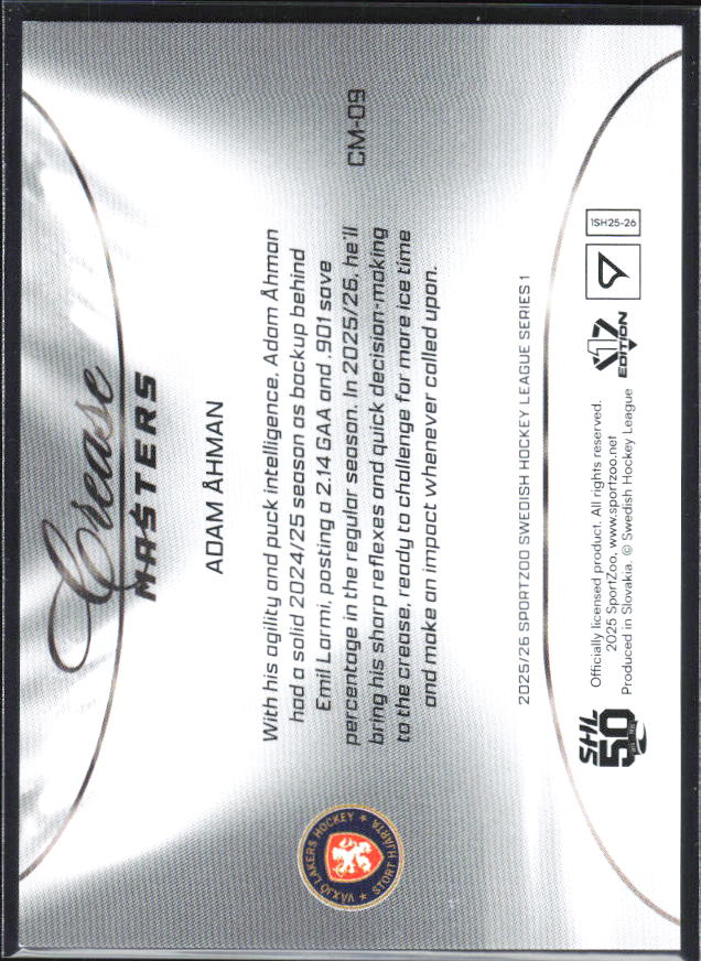 2025-26 SportZoo SHL S1 #CM-09 Adam Åhman Crease Masters Lemon Gold 29/65 – baksida