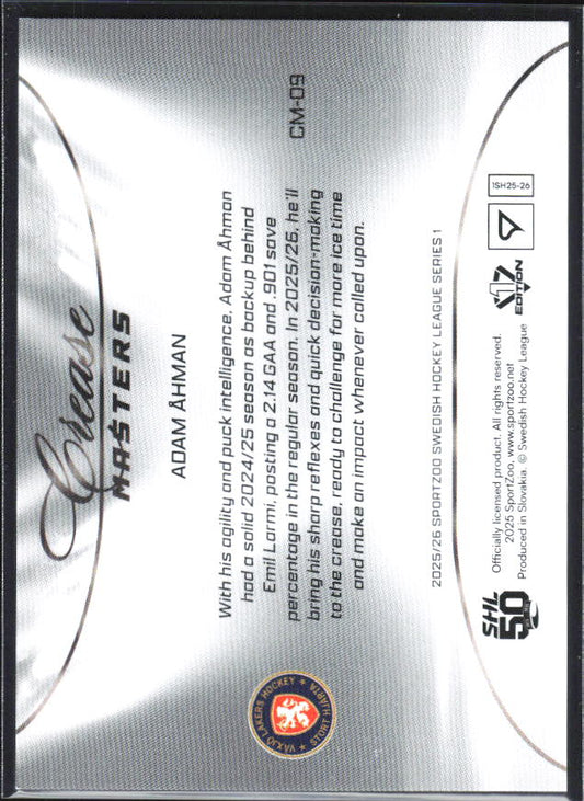 2025-26 SportZoo SHL S1 #CM-09 Adam Åhman Crease Masters Lemon Gold 29/65 – baksida
