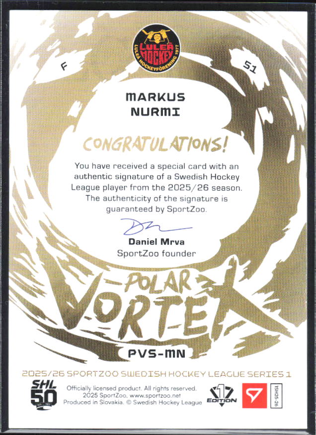 2025-26 SportZoo SHL S1 #PVS-MN Markus Nurmi Polar Vortex Gold Auto 05/35 – baksida