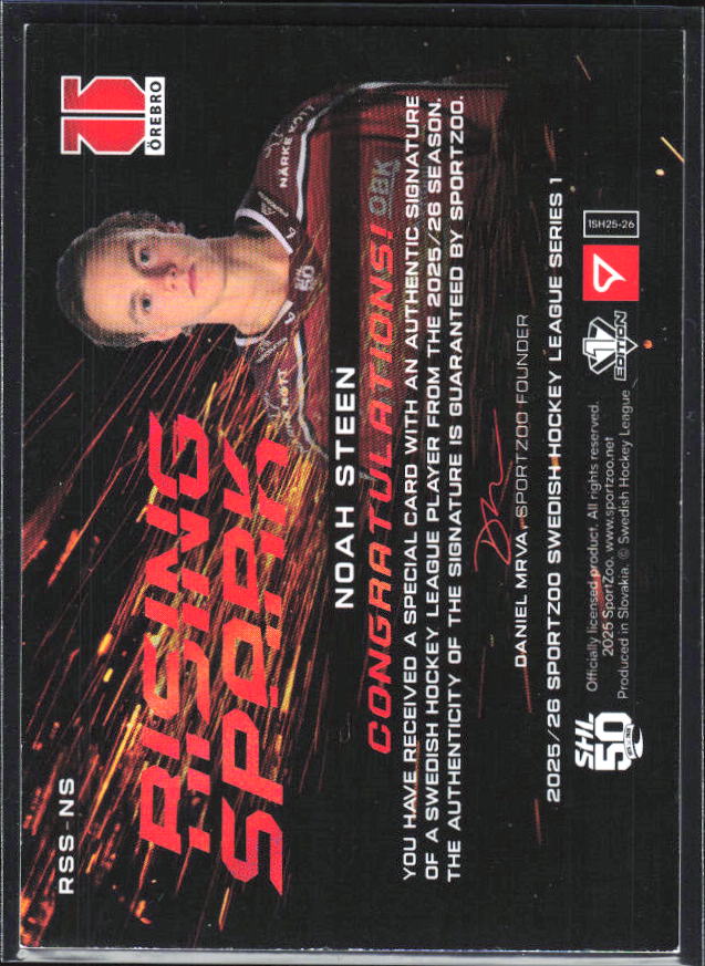 2025-26 SportZoo SHL S1 #RSS-NS Noah Steen Rising Spark Copper Auto 13/25 – baksida