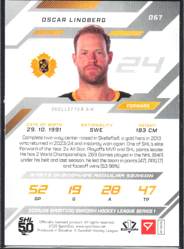 2025-26 SportZoo SHL S1 #067 Oscar Lindberg Scarlet Red 10/20 – baksida