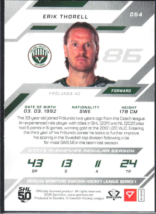 2025-26 SportZoo SHL S1 #054 Erik Thorell Shamrock Green 13/30 – baksida
