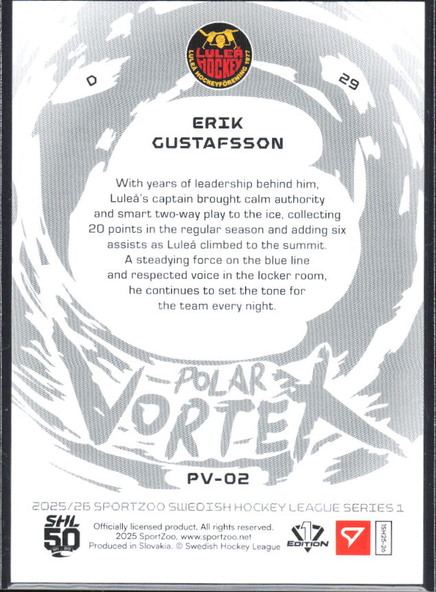 2025-26 SportZoo SHL S1 #PV-02 Erik Gustafsson Polar Vortex Steel Blue 41/99 – baksida