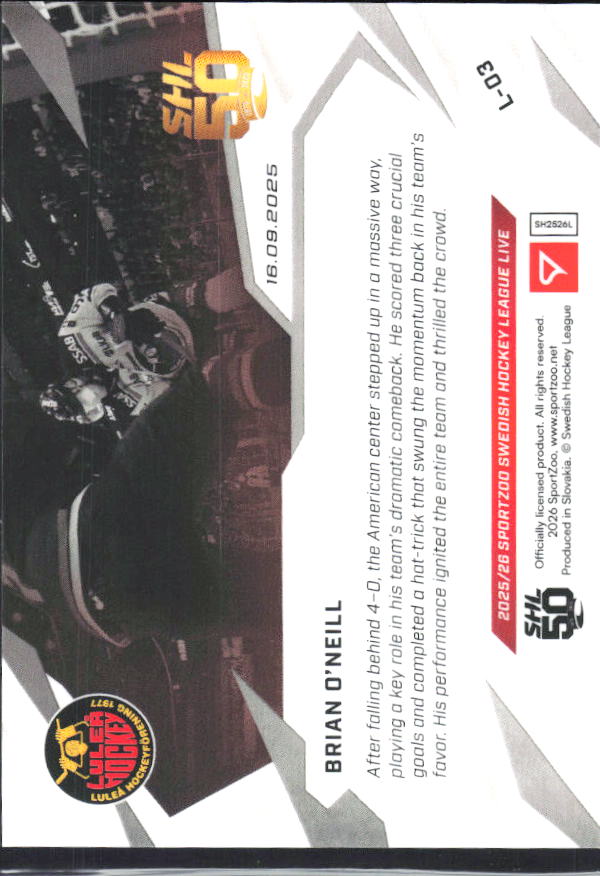 2025-26 SportZoo SHL LIVE #L-03 Brian O'Neill 28/65 – baksida