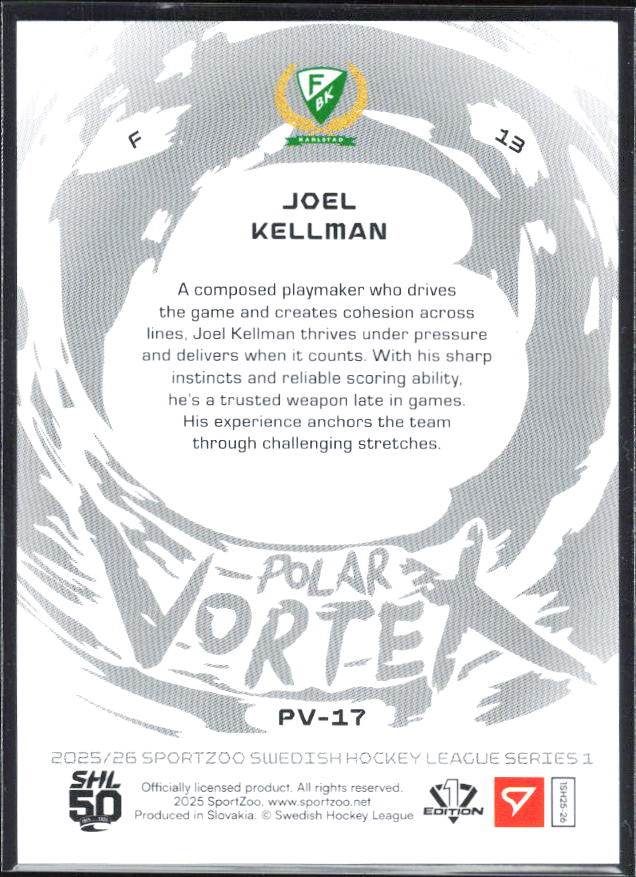 2025-26 SportZoo SHL S1 #PV-17 Joel Kellman Polar Vortex Steel Blue 67/99 – baksida