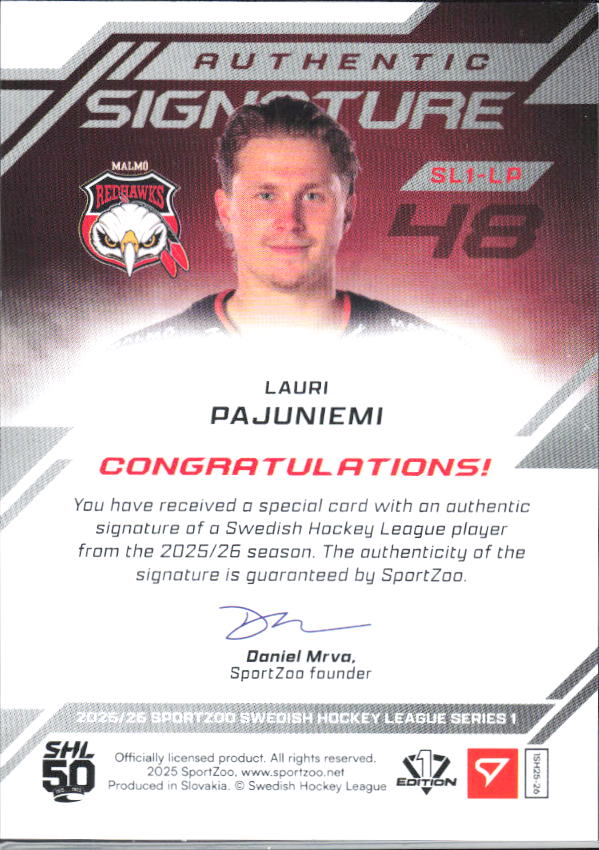 2025-26 SportZoo SHL S1 #SL1-LP Lauri Pajuniemi Authentic Signature Level 1 71/99 – baksida