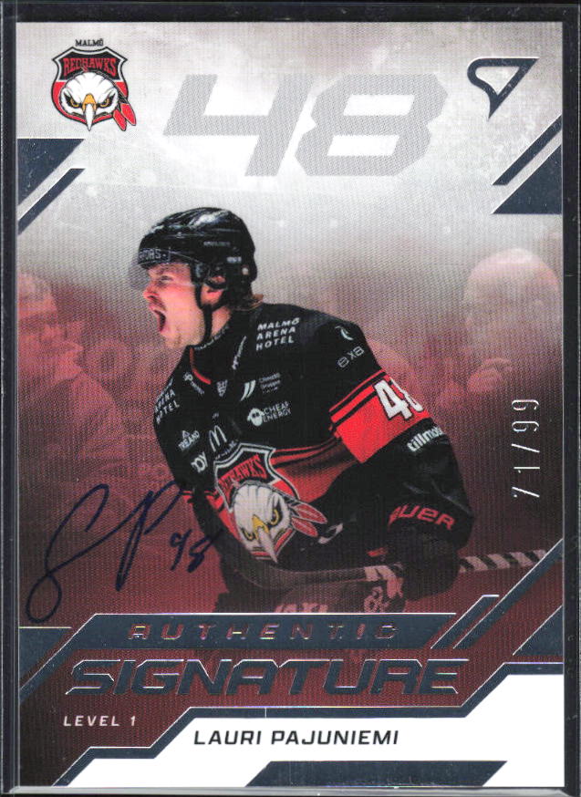 2025-26 SportZoo SHL S1 #SL1-LP Lauri Pajuniemi Authentic Signature Level 1 71/99 – framsida