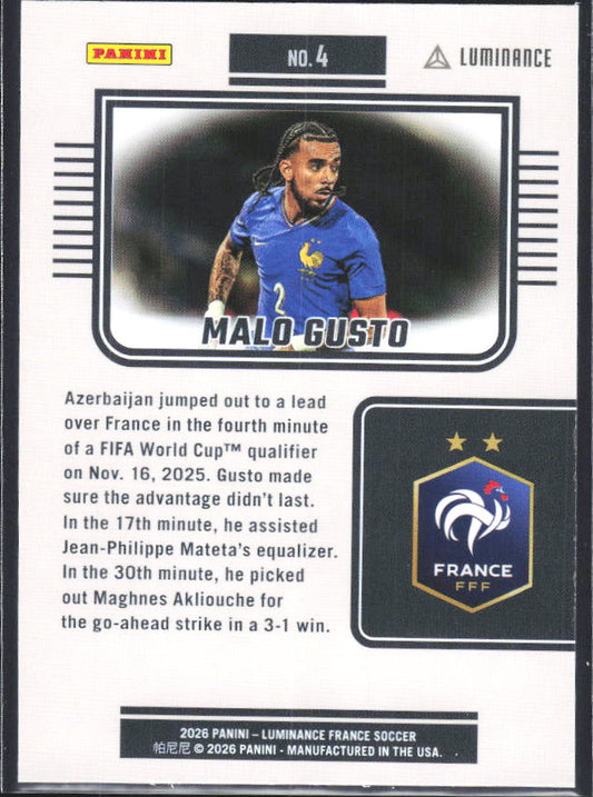 Malo Gusto – 2026 Panini Luminance France #4 – baksida