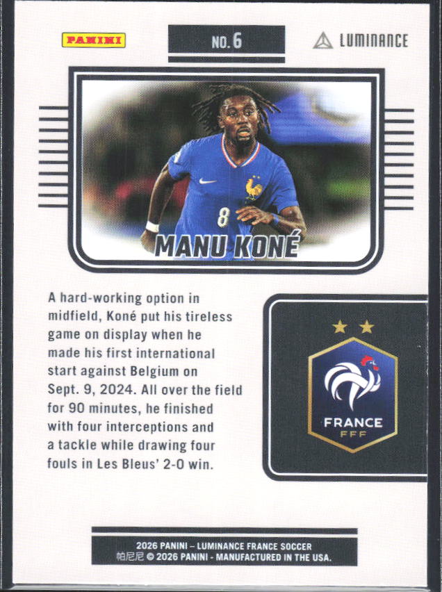 Manu Koné – 2026 Panini Luminance France #6 – baksida