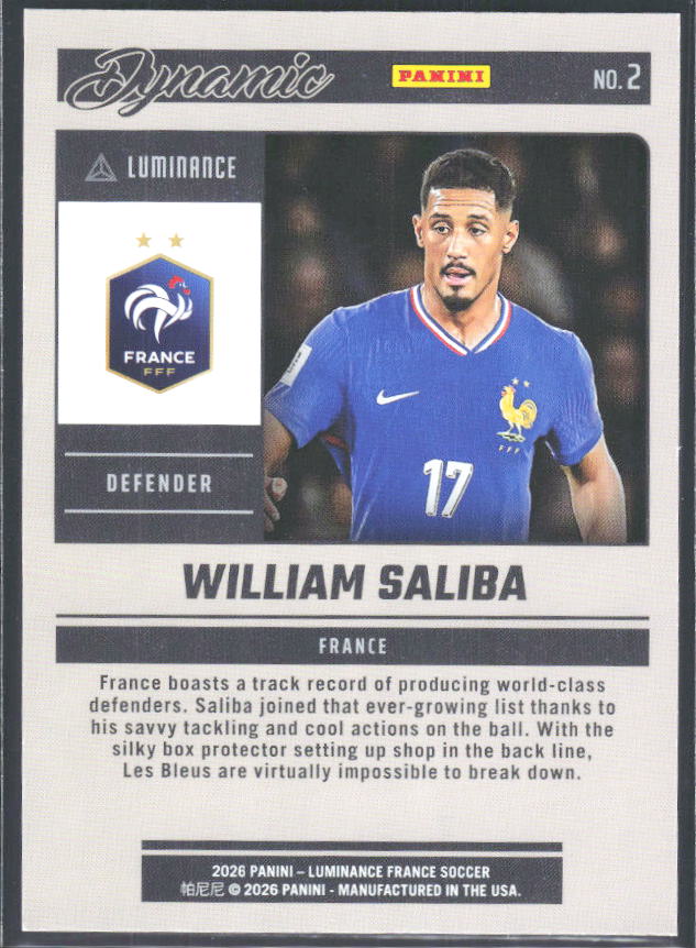 William Saliba – 2026 Panini Luminance France #2 Dynamic – baksida