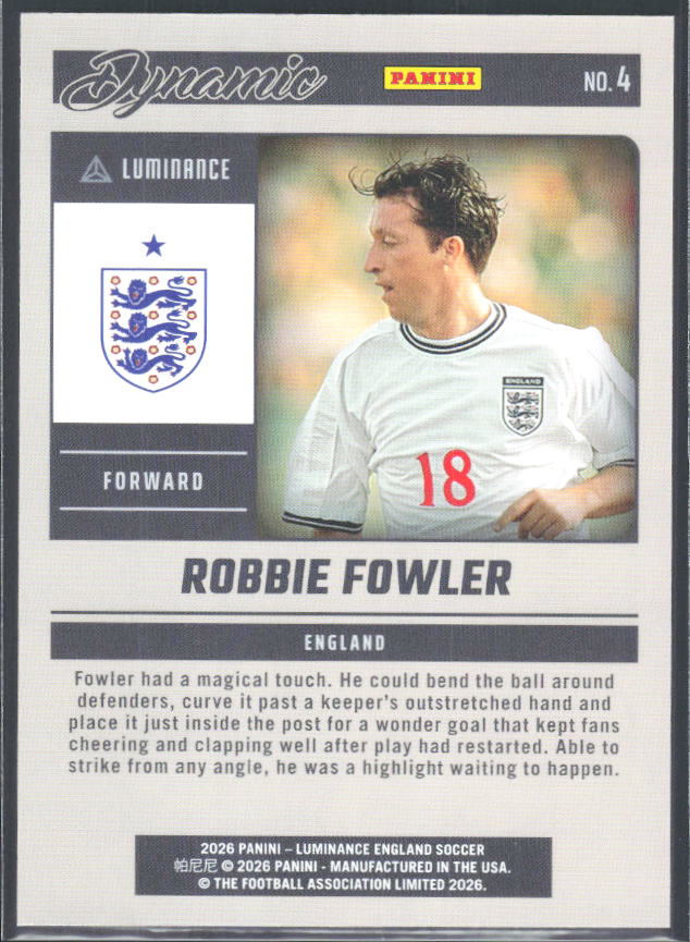 Robbie Fowler – 2026 Panini Luminance England #4 Dynamic – baksida