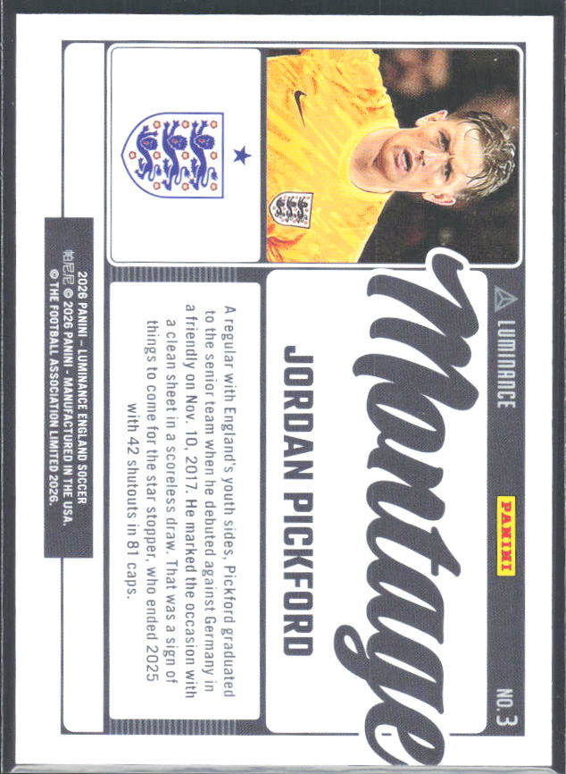 Jordan Pickford – 2026 Panini Luminance England #4 Montage – baksida