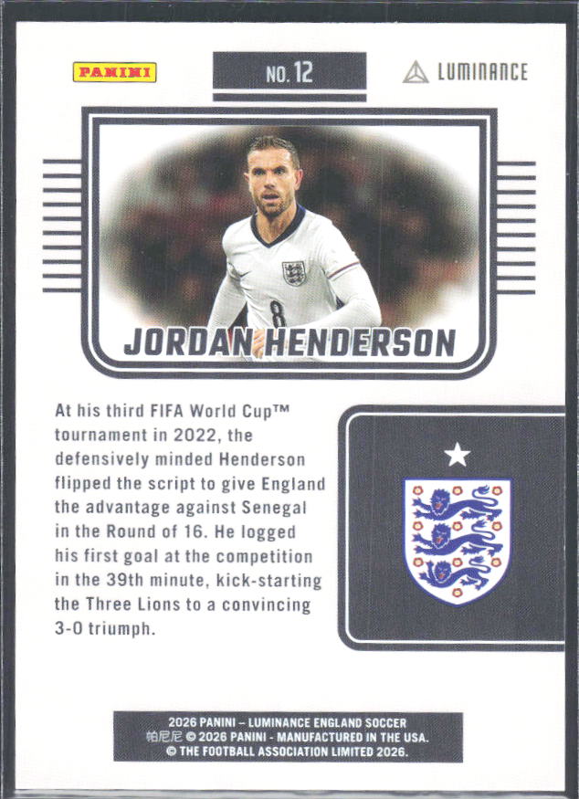 Jordan Henderson – 2026 Panini Luminance England #12 – baksida