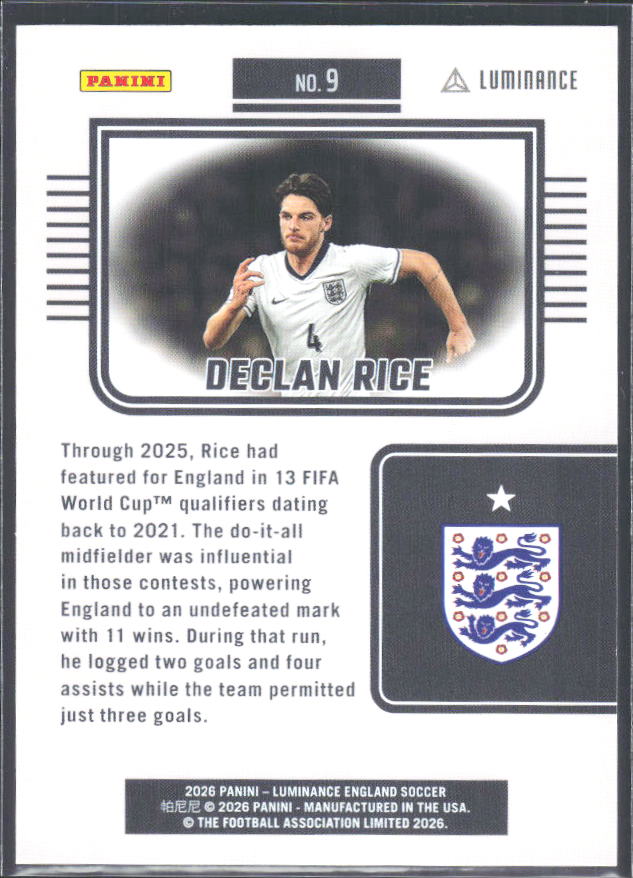 Declan Rice – 2026 Panini Luminance England #9 – baksida