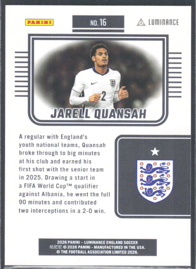 Jarell Quansah – 2026 Panini Luminance England #16 – baksida