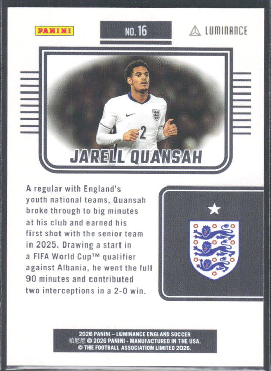 Jarell Quansah – 2026 Panini Luminance England #16 – baksida