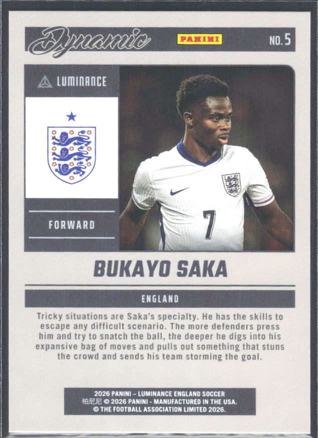 Bukayo Saka – 2026 Panini Luminance England #5 Dynamic Magenta 84/85 – baksida