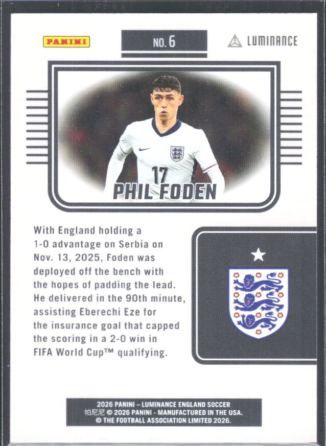 Phil Foden – 2026 Panini Luminance England #6 – baksida
