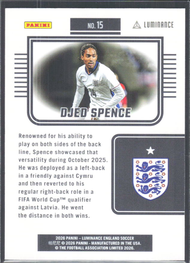 Djed Spence – 2026 Panini Luminance England #15 – baksida