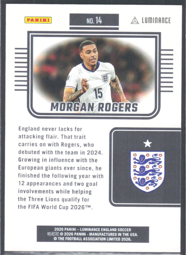 Morgan Rogers – 2026 Panini Luminance England #14 – baksida