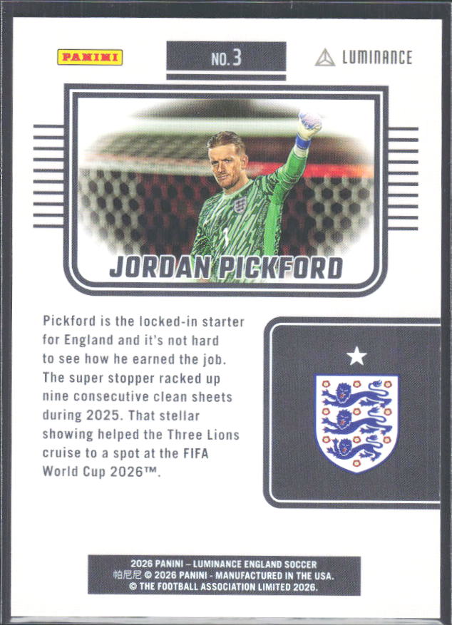 Jordan Pickford – 2026 Panini Luminance England #3 – baksida