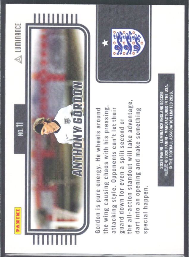 Anthony Gordon – 2026 Panini Luminance England #11 – baksida