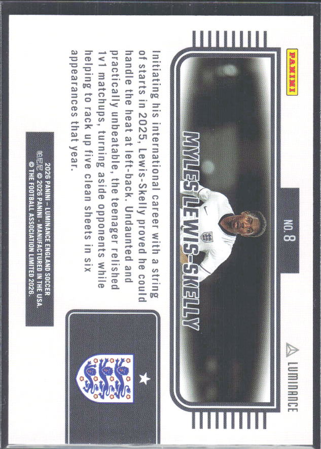 Myles Lewis-Skelly – 2026 Panini Luminance England #8 – baksida