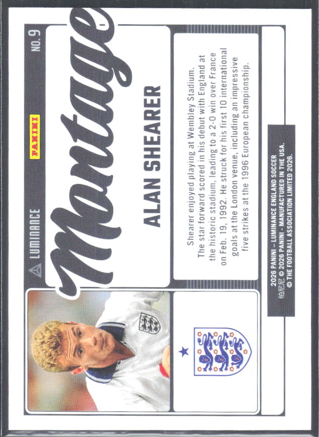 Alan Shearer – 2026 Panini Luminance England #9 Montage – baksida
