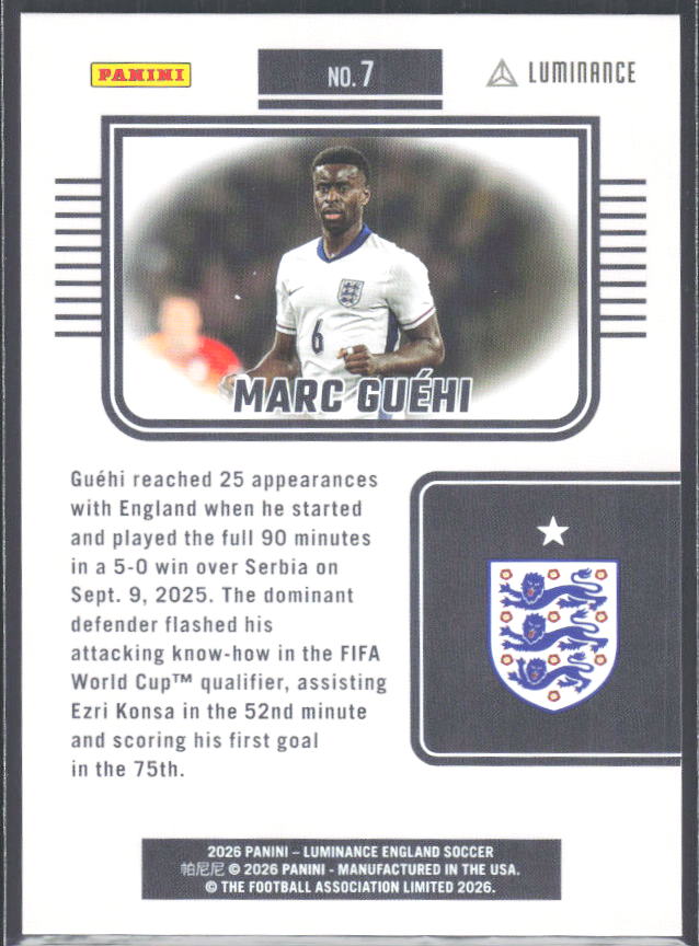 Marc Guéhi – 2026 Panini Luminance England #7 Magenta 47/85 – baksida