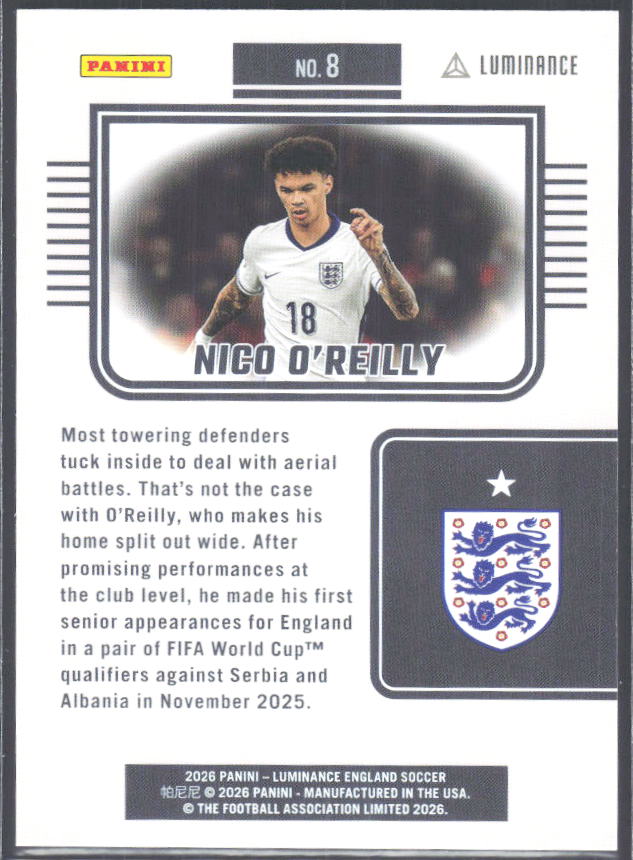 Nico O’Reilly – 2026 Panini Luminance England #8 – baksida
