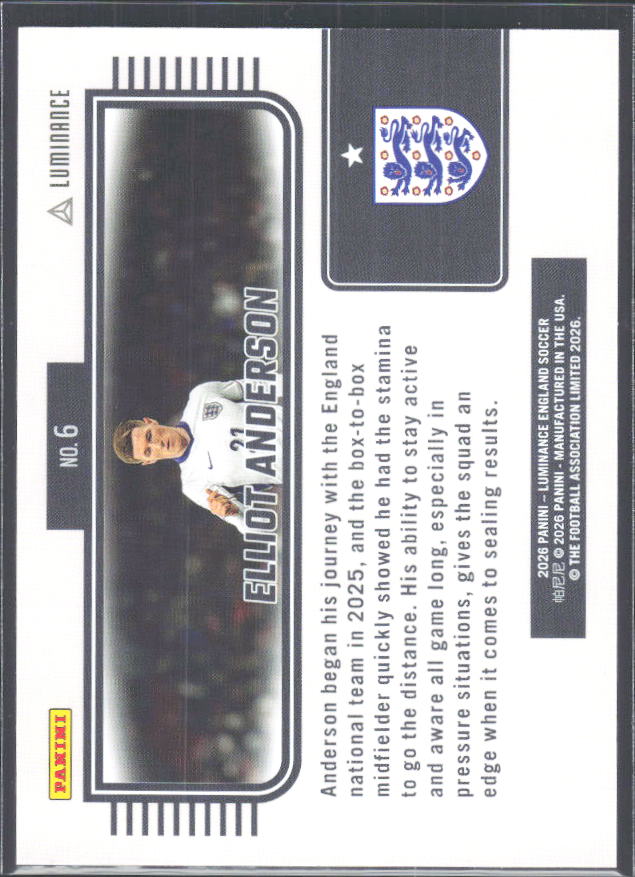 Elliott Anderson – 2026 Panini Luminance England #6 – baksida