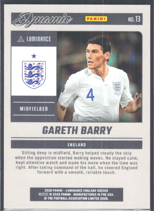 Gareth Barry – 2026 Panini Luminance England #13 Dynamic – baksida