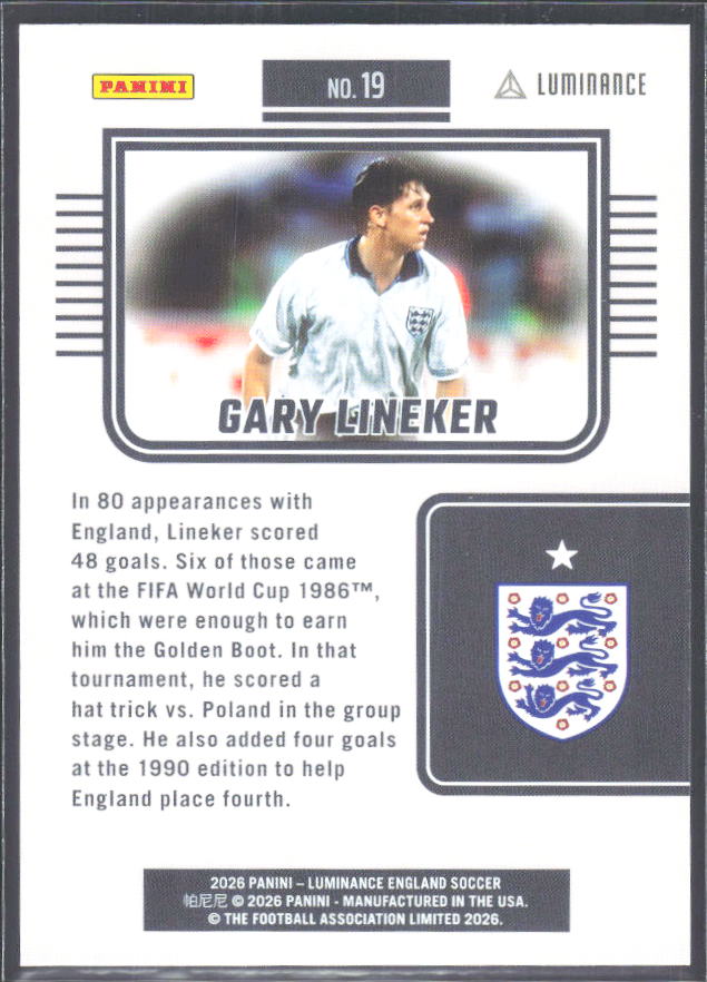 Gary Lineker – 2026 Panini Luminance England #19 – baksida