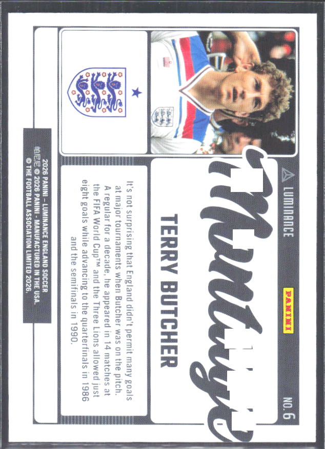 Terry Butcher – 2026 Panini Luminance England #6 Montage – baksida